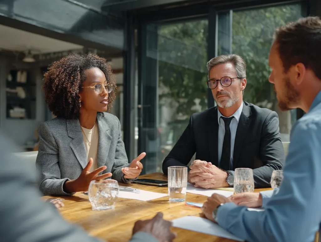 Business professionals in a serious meeting discussing legal or financial strategies in a modern office.