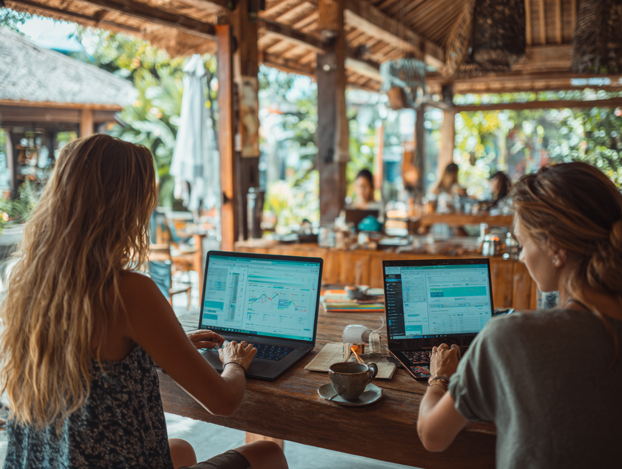 Expat café owner in Bali stressed with messy receipts and invoices on desk while struggling with manual bookkeeping.