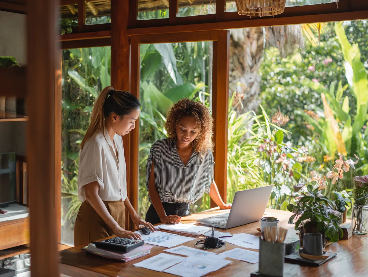 Bali tax compliance support for villa rentals, showing accountants filing VAT, PPh21 payroll taxes, and corporate reports for expat villa owners