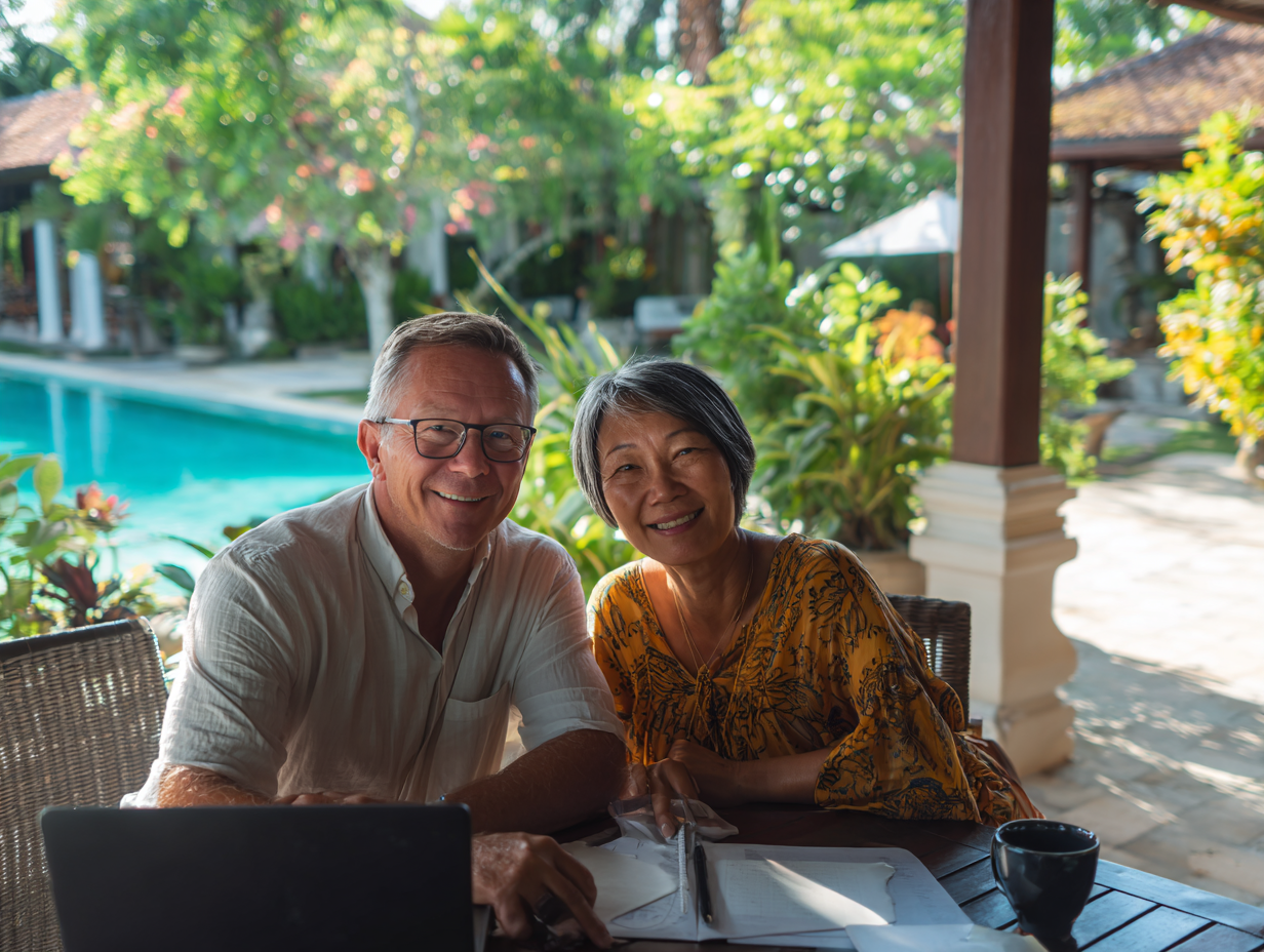 Foreign villa owner and Indonesian accountant meeting at a Bali café reviewing accounting documents under natural daylight, symbolizing successful financial recovery and professional help in villa management.