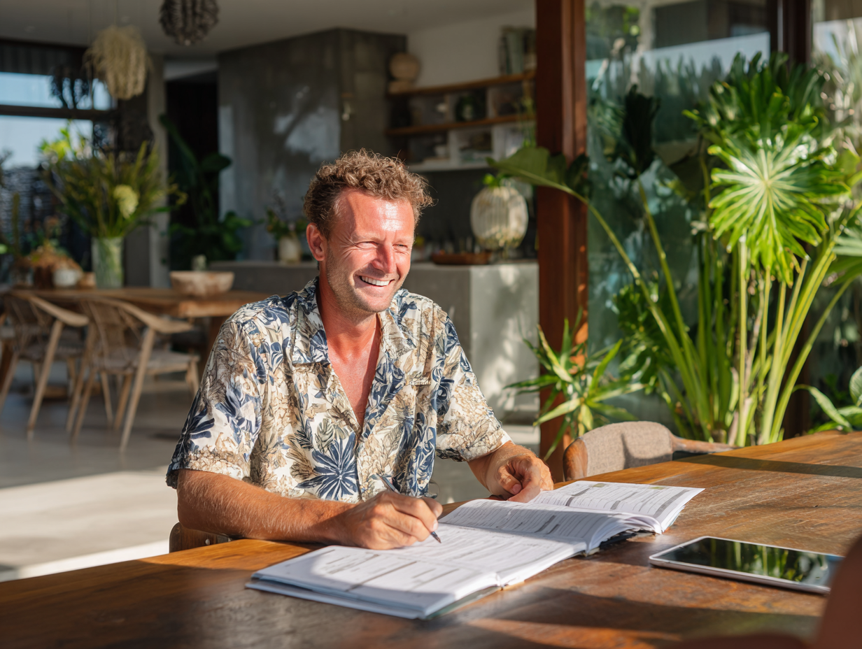 Indonesian accountants in Bali preparing accurate financial statements step by step, including sales receipts, payroll records, profit and loss reports, and villa rental tax compliance for foreign owners