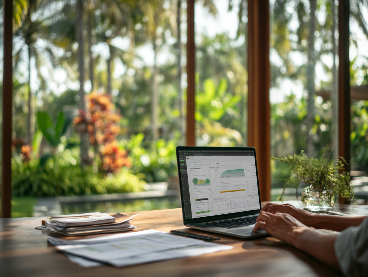 Professional accountant in Bali reviewing tax compliance reports on a laptop with documents neatly organized on a wooden desk.