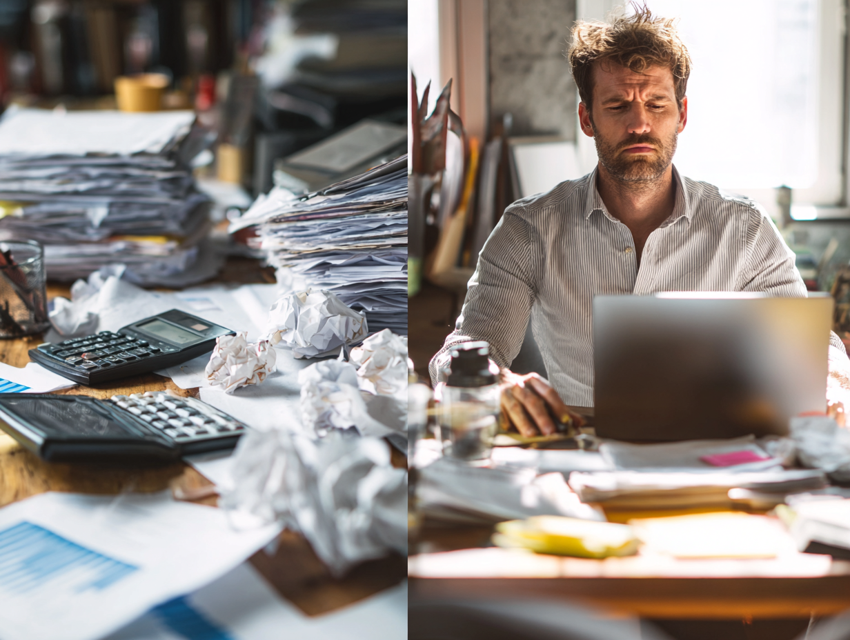 Confused foreigner surrounded by Indonesian tax forms, receipts, and a laptop, illustrating challenges of using Bali accounting services.