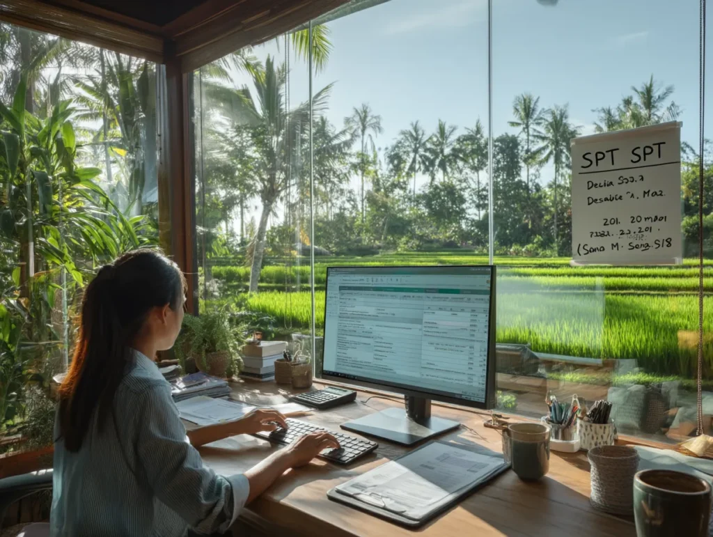 A woman in Bali working on SPT tax reports from a home office with rice field views, using Coretax DJP Online.