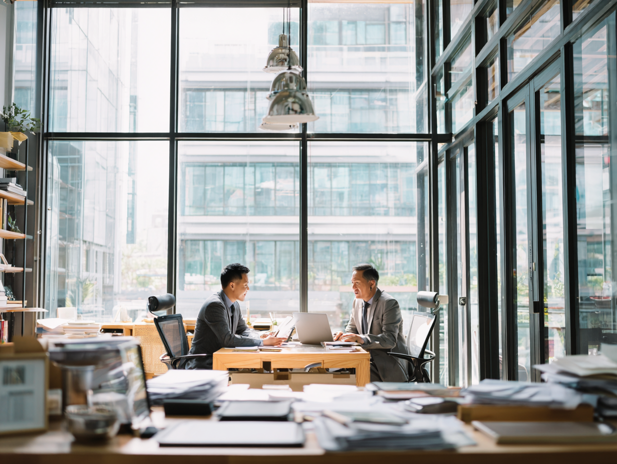 Professional accountants in Bali working together in a bright modern office with financial reports and laptops, illustrating how accounting protects villa investments.