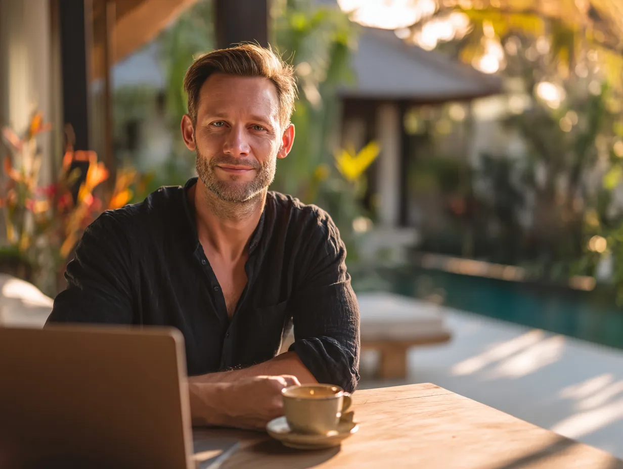 A foreign entrepreneur in Bali working remotely by a villa pool, enjoying coffee while managing business online.