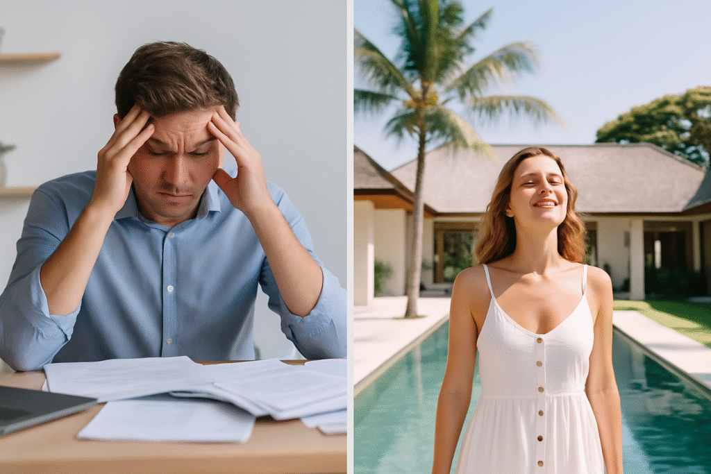 Foreign entrepreneurs in Bali comparing business outcomes with and without PT PMA license and consulting firms, highlighting compliance and legal risks