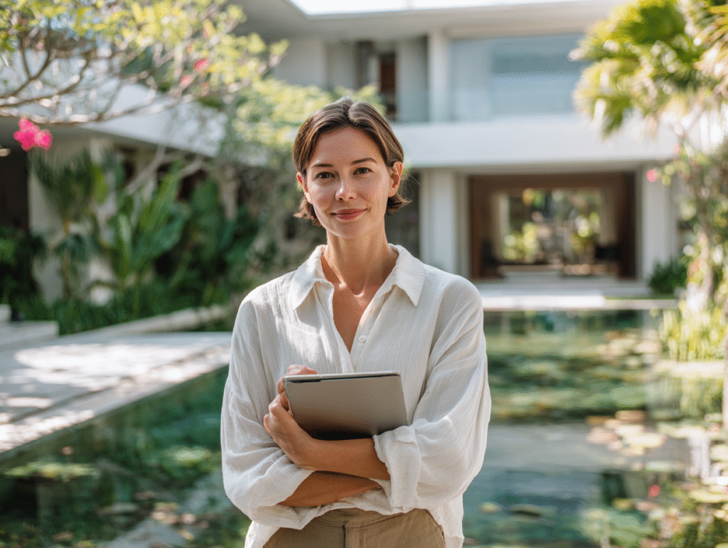 Foreign villa owner in Bali standing in front of a tropical property holding accounting documents, symbolizing tax and bookkeeping compliance for short-term rentals.
