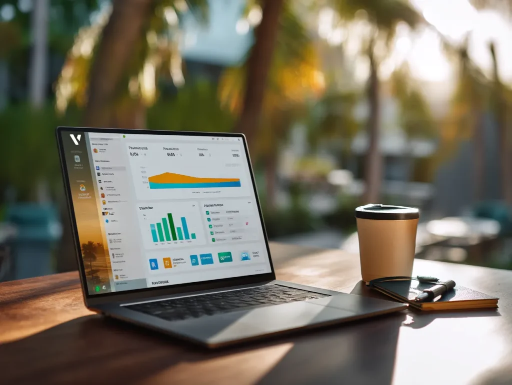 Laptop on a wooden desk in a Bali villa, showing financial dashboard and charts, with coffee cup nearby.
