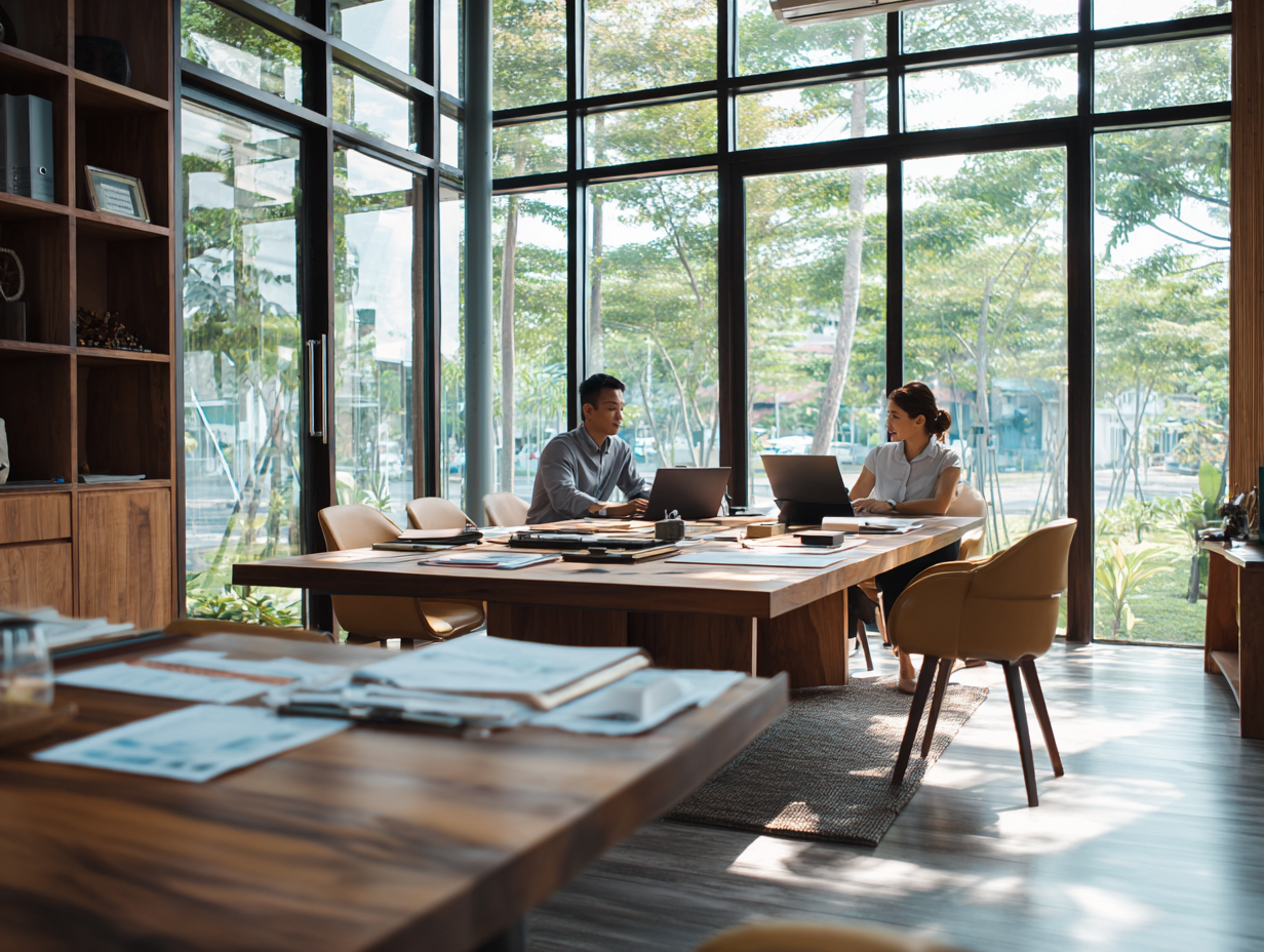 Indonesian accountant and foreign villa owner reviewing financial reports in a Bali office, illustrating local tax and bookkeeping compliance for Airbnb and villa rentals.