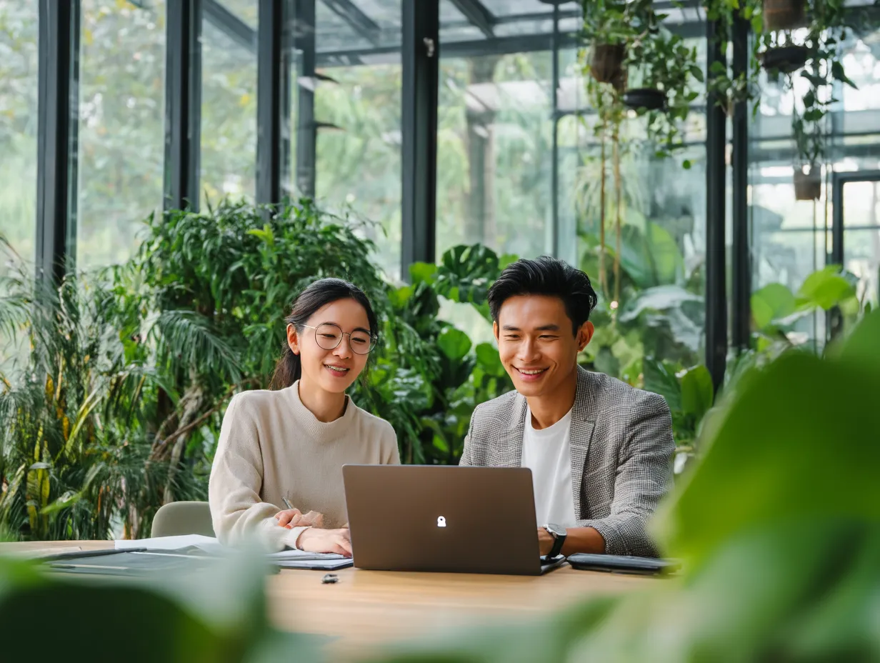 Two young professionals working on a laptop in a modern green office in Bali, discussing business plans and taxes