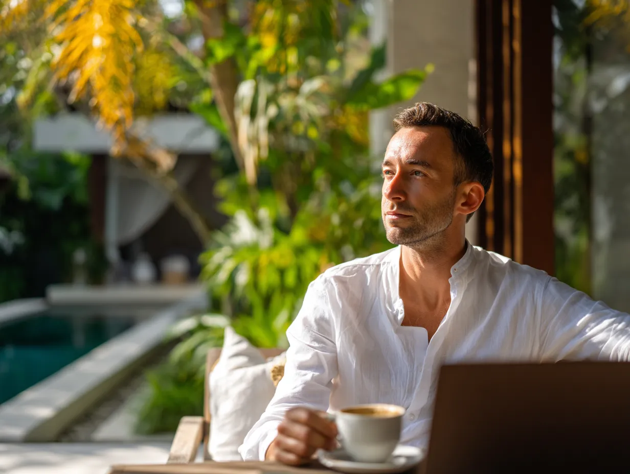 A foreign professional in a white shirt enjoying coffee by a villa pool in Bali, reflecting while working remotely.