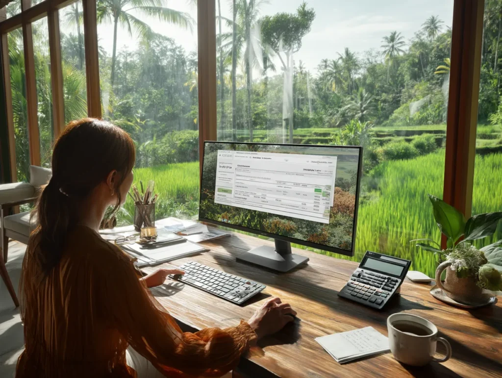 A woman in Bali working on financial documents on her computer with rice field views, calculator and coffee beside her.
