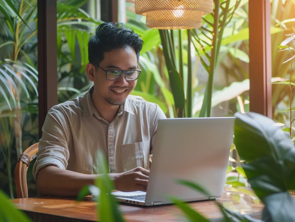 Foreign entrepreneur in Bali managing payroll using accounting software to automate salaries and taxes