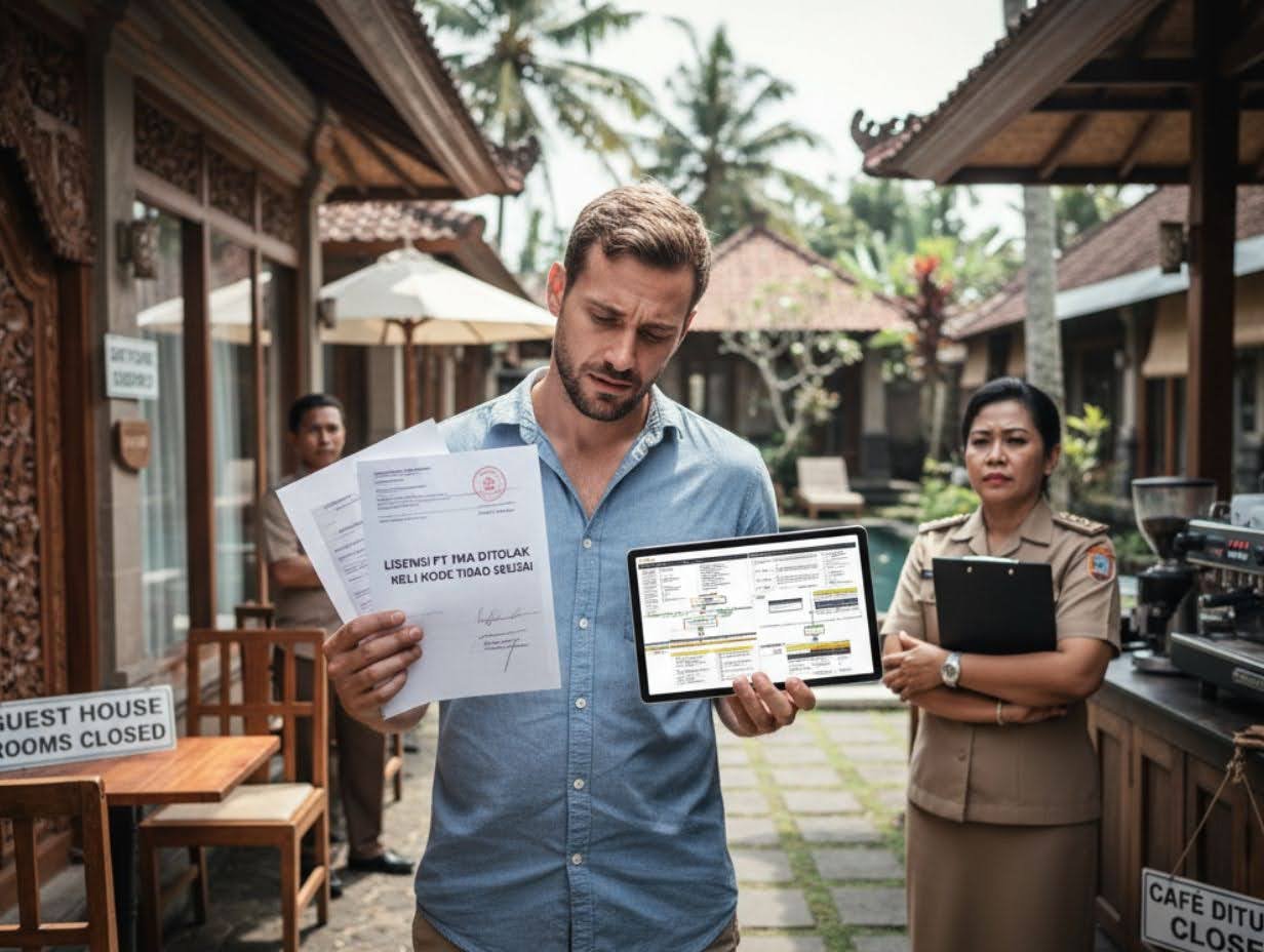 Foreign entrepreneur in Bali facing rejected PT PMA license due to wrong KBLI code selection, showing guest house and café compliance issues