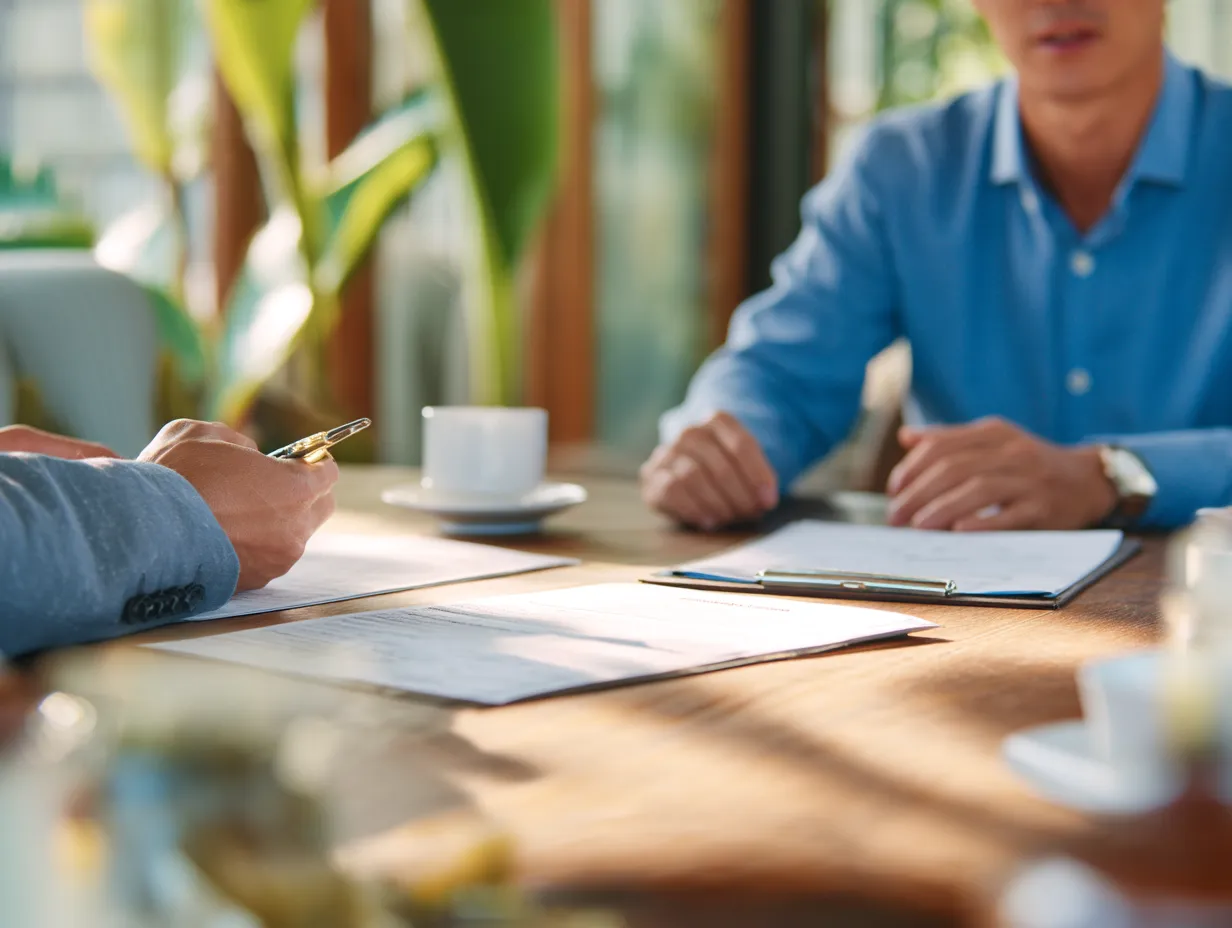 Foreign investor in Bali consulting with a legal advisor about PT PMA company registration, preparing tax documents and OSS business licenses.