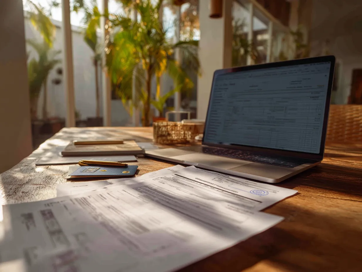 Laptop showing tax forms beside passport and documents on a sunny Bali workspace table with tropical plants