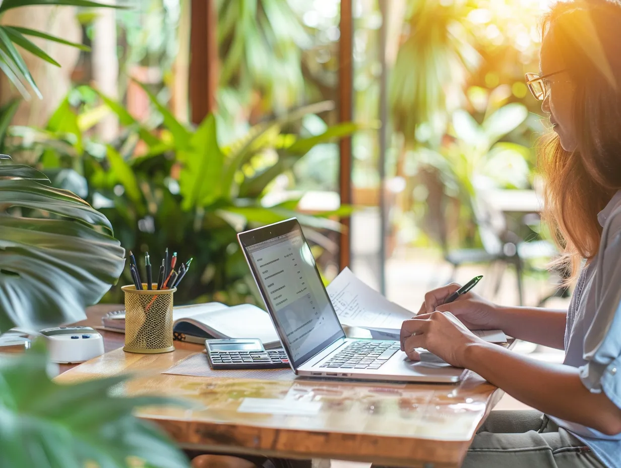 Business owner in Bali working on payroll using cloud accounting software, surrounded by tropical plants in daylight.