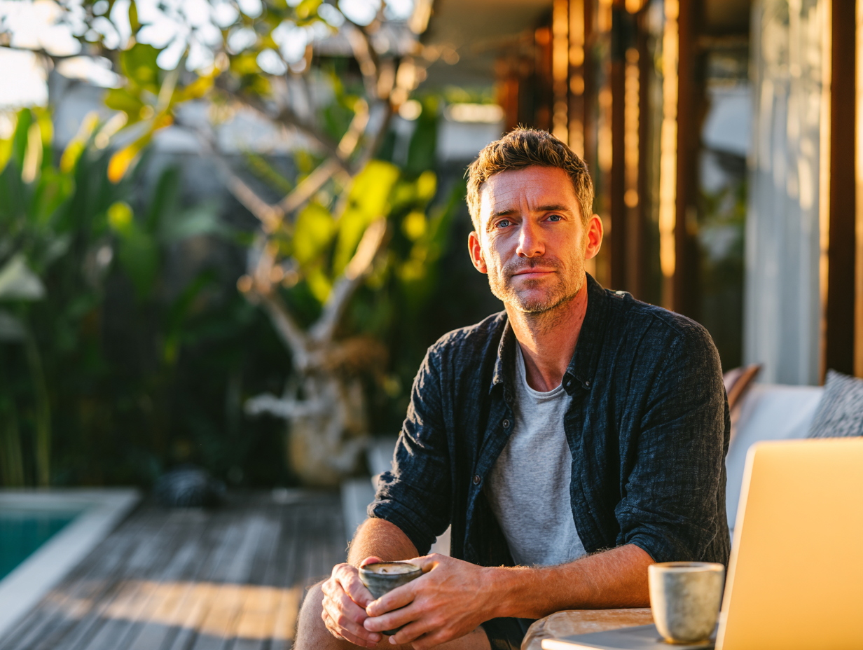 Expat entrepreneur in Bali reviewing villa accounting reports at a coworking café, showing success after resolving tax and compliance issues for villa rentals.