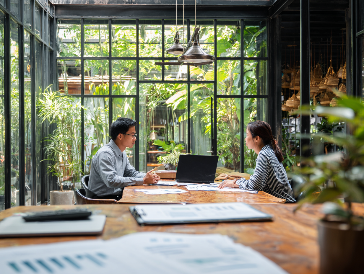 Startup fashion team in Canggu reviewing accounting growth reports, shifting strategy from boutique shop to online e-commerce sales ✅