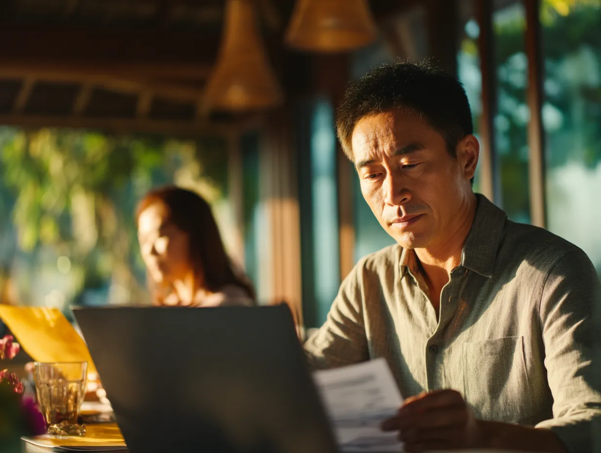 South Korean entrepreneur in Bali meeting with consultant, reviewing PT PMA business setup and legal documents for company registration