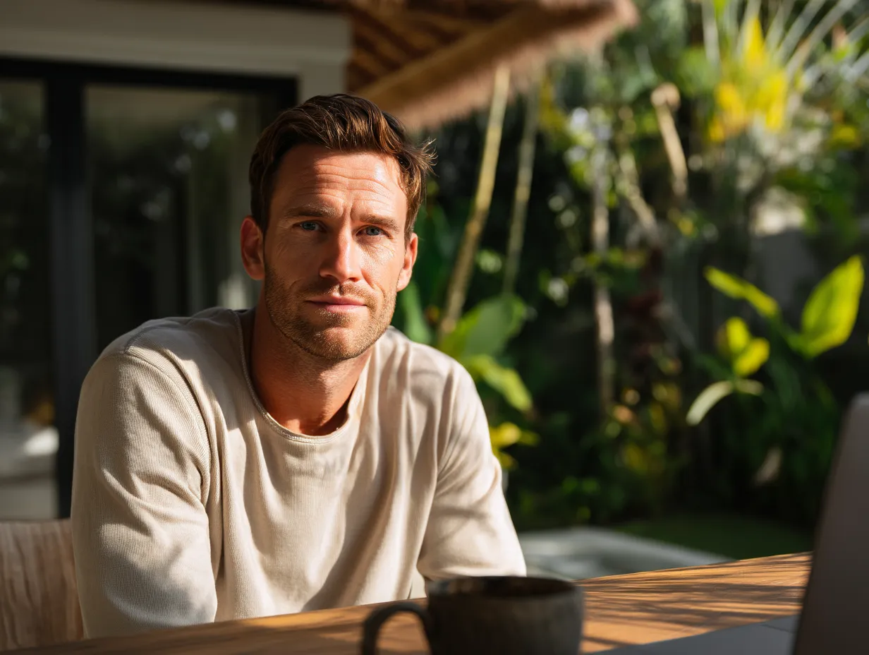 A foreign entrepreneur in a light sweater working remotely in a Bali villa garden with a laptop and coffee.