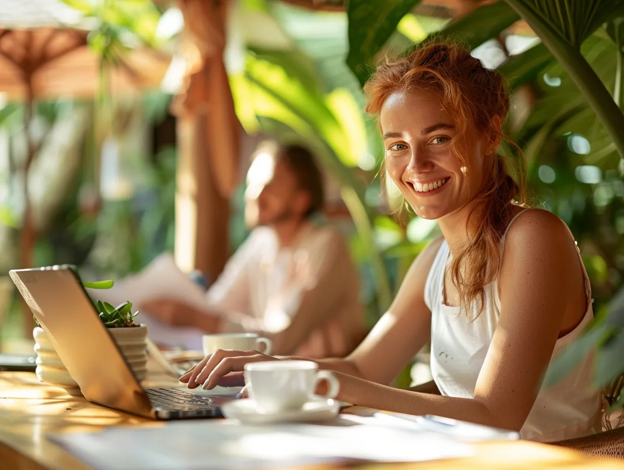 Australian café owner in Seminyak using accounting software on a laptop, smiling in a tropical café with natural sunlight.