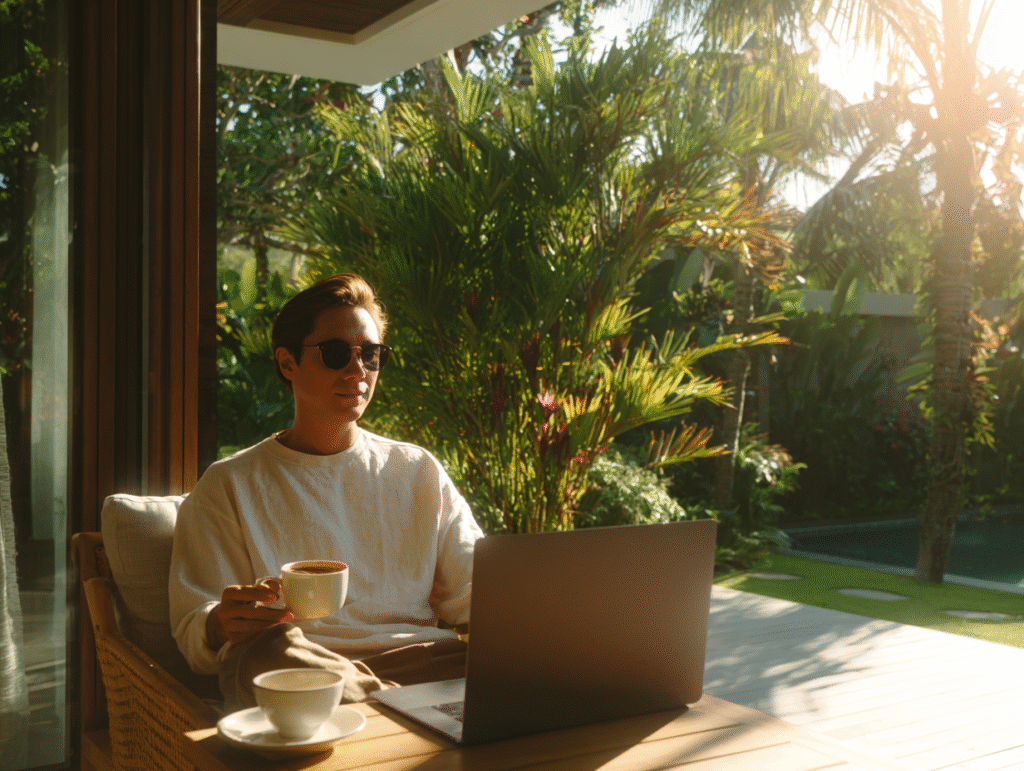 Foreign villa owner in Bali using accounting management to improve guest experience, standing confidently in front of tropical villa property with sunlight and greenery.