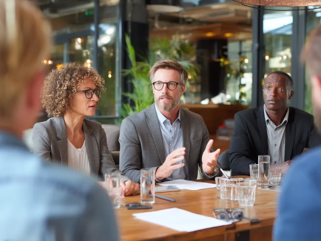 Business professionals in a meeting discussing corporate strategy, sitting around a conference table with documents and water glasses.