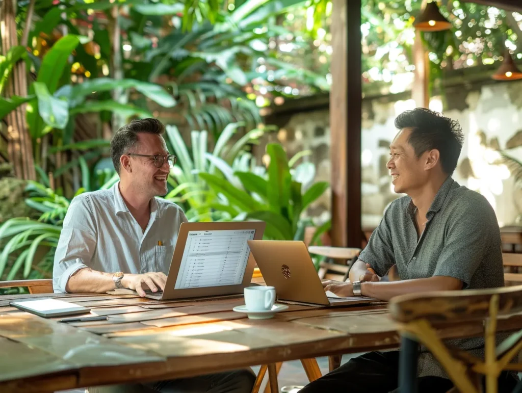 Foreign entrepreneur with local accountant in Bali reviewing invoices on a laptop at a tropical café, papers and coffee on table.