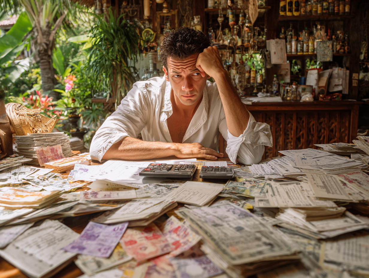 Foreign entrepreneur in Bali office facing accounting challenges with stacks of invoices and tax reports.