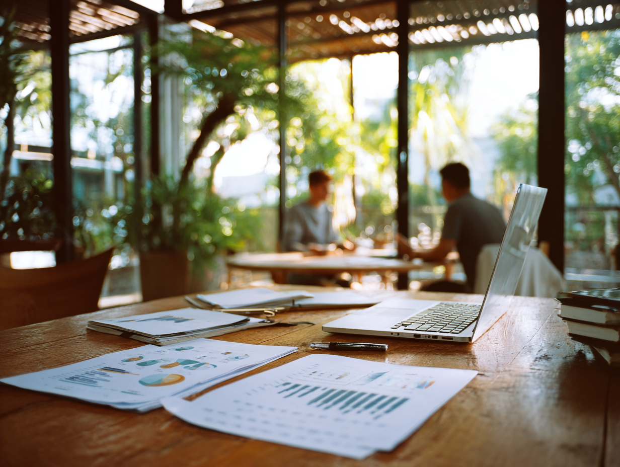 Professional accountants in Bali preparing financial reports, bookkeeping records, and payroll documents for a villa rental business in Seminyak
