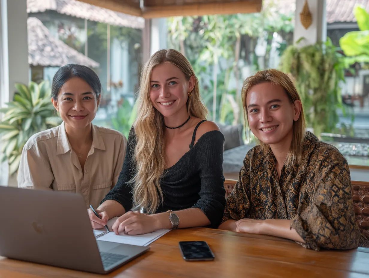 Professional accountant in Bali assisting a foreign entrepreneur with PT PMA bookkeeping, tax compliance, and financial report preparation.