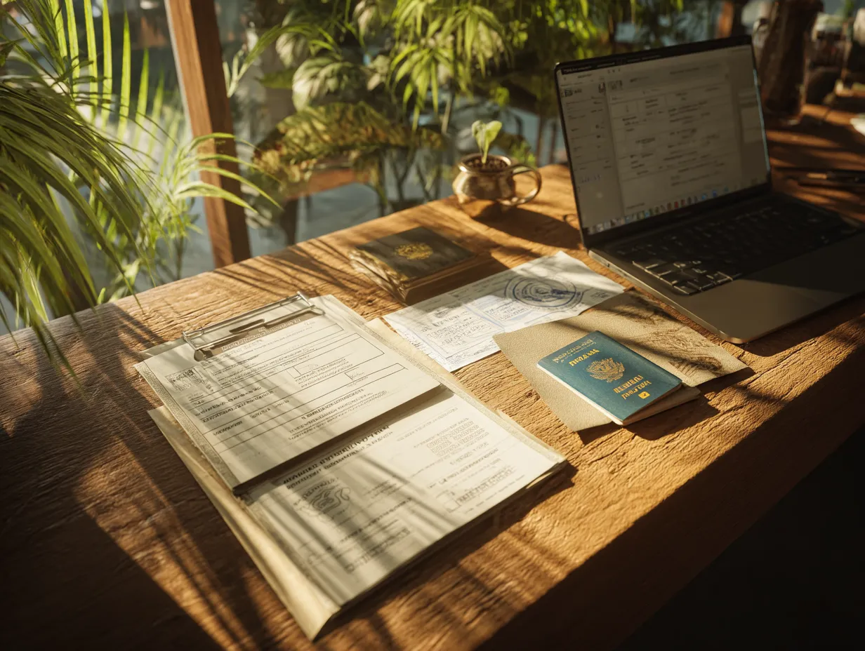 Indonesian passport and tax forms on a wooden desk with laptop and tropical sunlight, showing visa and document processing in Bali