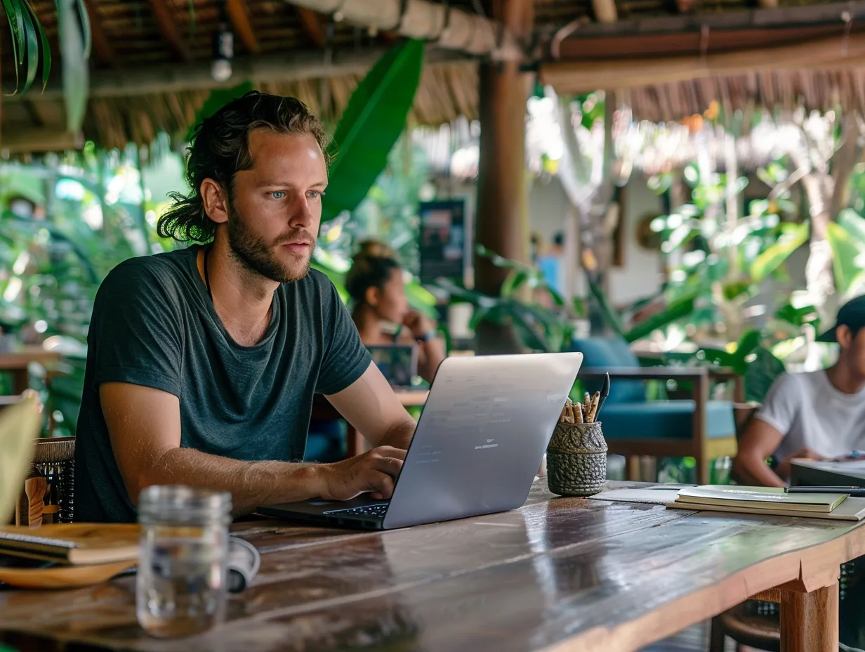 Foreign business owner in Bali using a laptop to send digital invoices, symbolizing accuracy, speed, and modern accounting efficiency