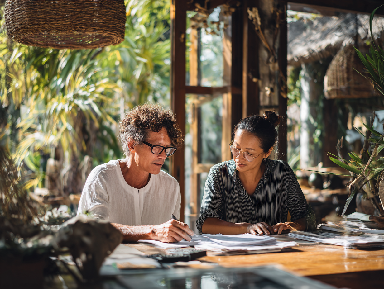 Bali villa owner in Canggu working with professional accountant reviewing financial reports after improving guest experience and business reviews.