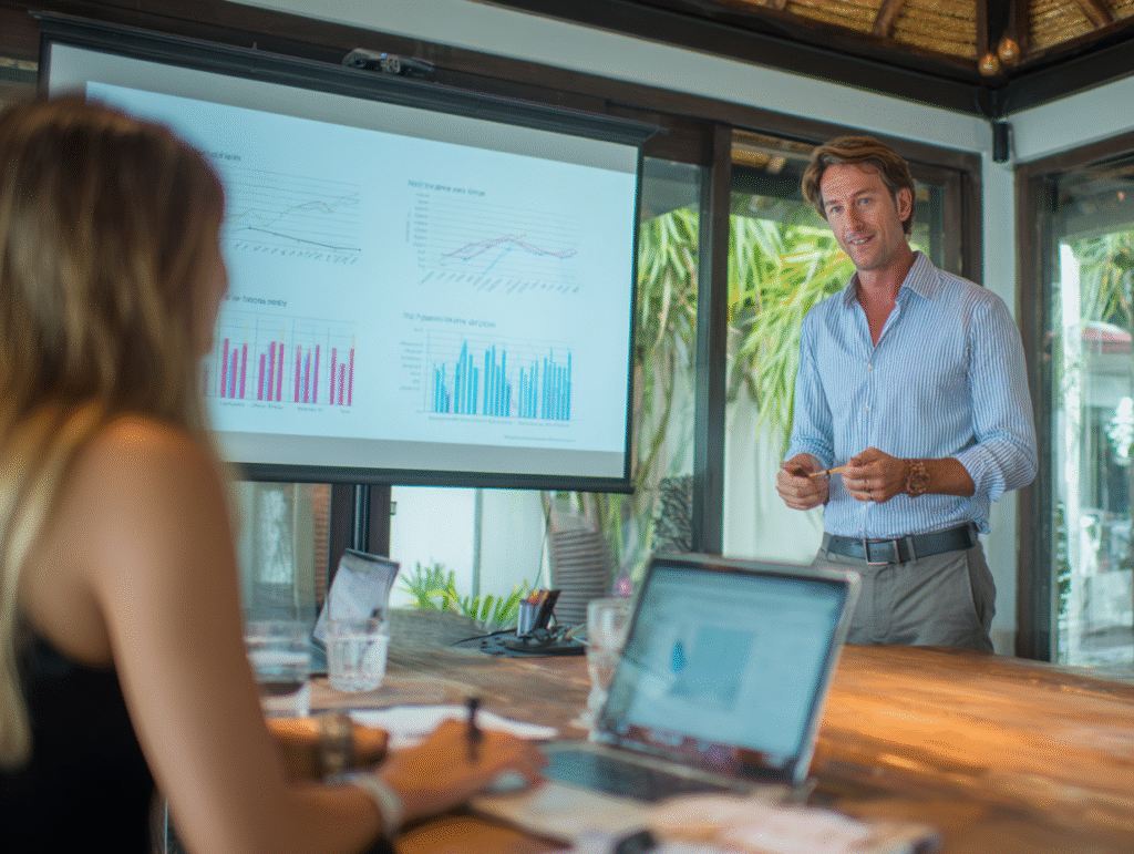 Foreign Airbnb villa owner in Seminyak, Bali, reviewing accounting reports and Airbnb booking performance for PT PMA compliance in 2026.