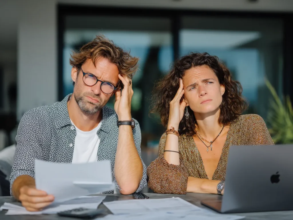 A worried couple reviewing financial documents with a laptop and calculator, concerned about tax or visa issues.