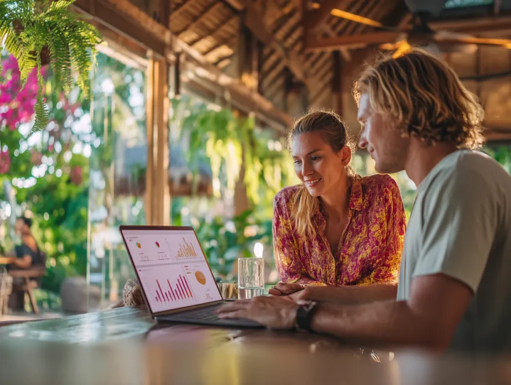 Foreign entrepreneur in Bali reviewing financial reports on a laptop, analyzing accounting data to improve business decisions and cash flow