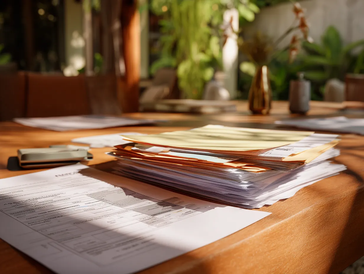 Stacked tax and visa documents on a sunny wooden desk in Bali, showing paperwork for business and immigration compliance