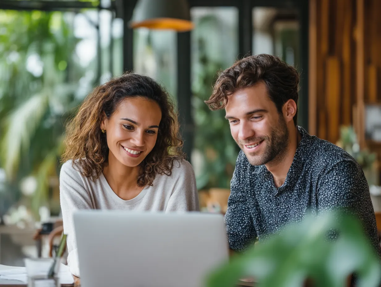 Two Business owner in Bali analyzing accounting dashboards on a laptop, reviewing profits, expenses, and cash flow trends for smarter financial management
