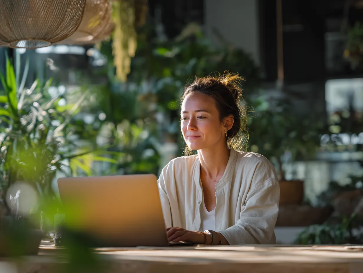 Italian entrepreneur in Bali working alone with PT PMA registration documents and laptop, preparing legal forms for company establishment