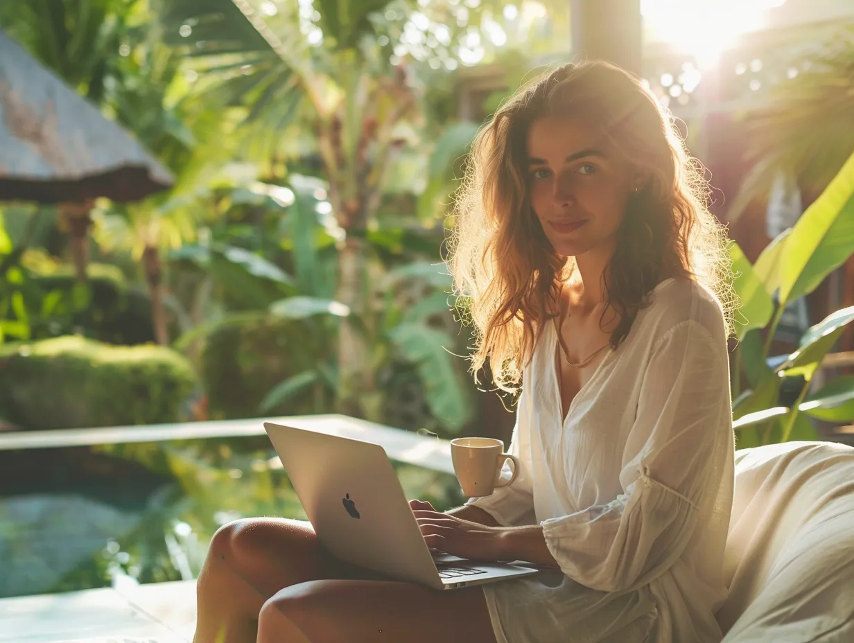British expat managing a boutique villa in Bali using accounting analytics tools on a laptop, reviewing dashboards to track profits, expenses, and seasonal performance