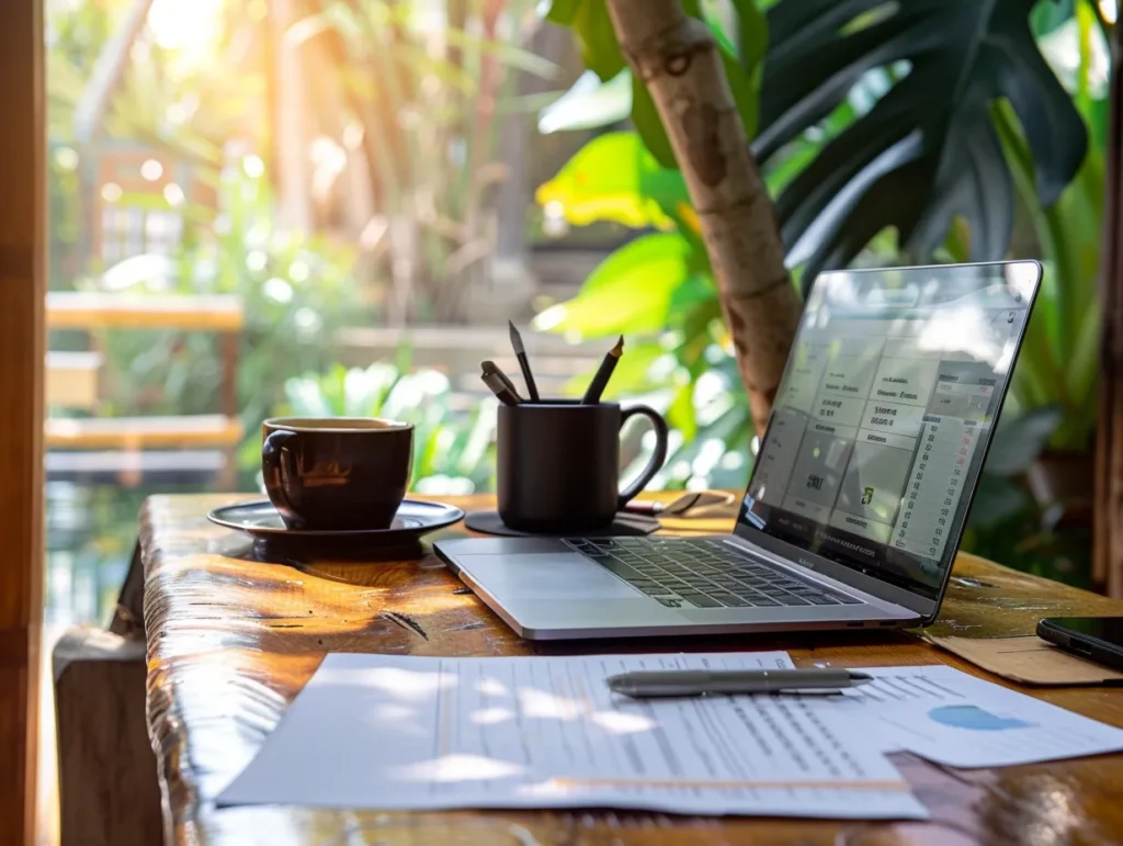Laptop on a wooden café desk in Bali showing a digital invoice dashboard with Indonesian currency, surrounded by papers and coffee in bright tropical daylight