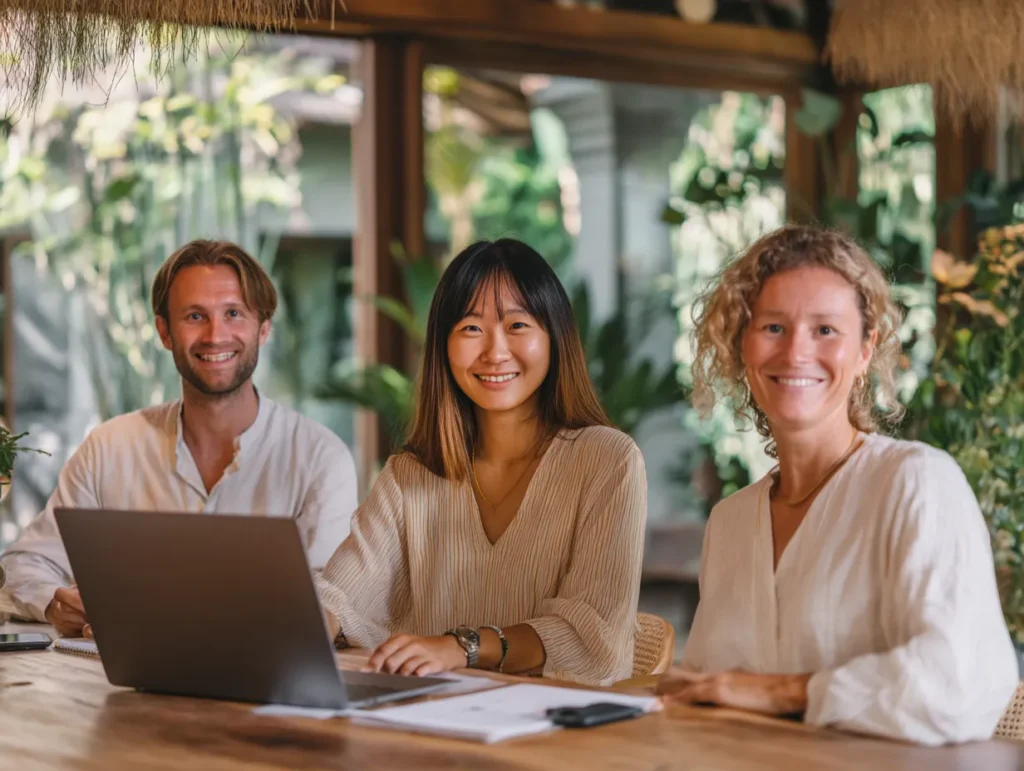 Foreign entrepreneur using a virtual office in Bali for PT PMA registration, reviewing tax and legal compliance documents in a modern coworking space for cost-efficient business setup.