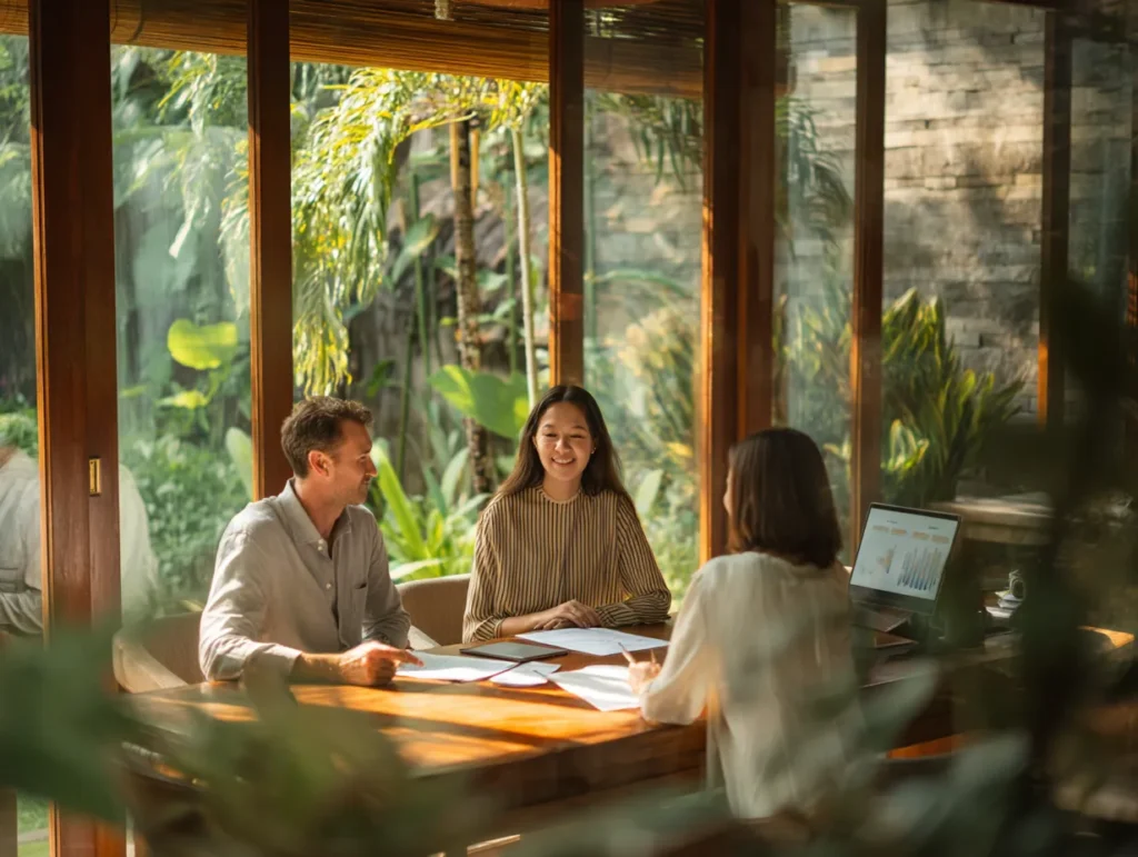 A business meeting in a Bali villa with three professionals discussing financial reports in a bright tropical setting.