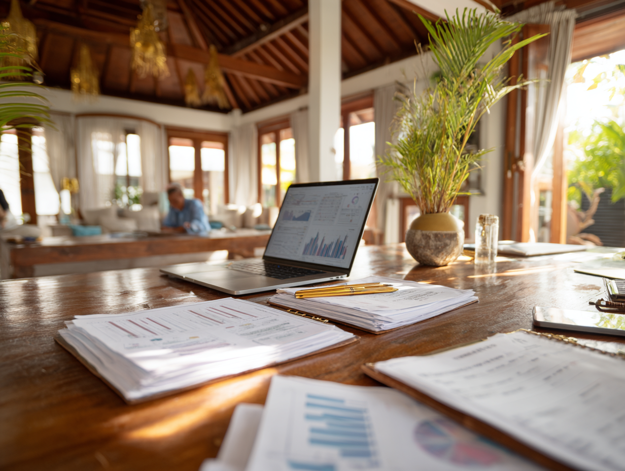 Expat villa owner in Bali reviewing accounting reports with local accountant to solve financial and tax compliance challenges