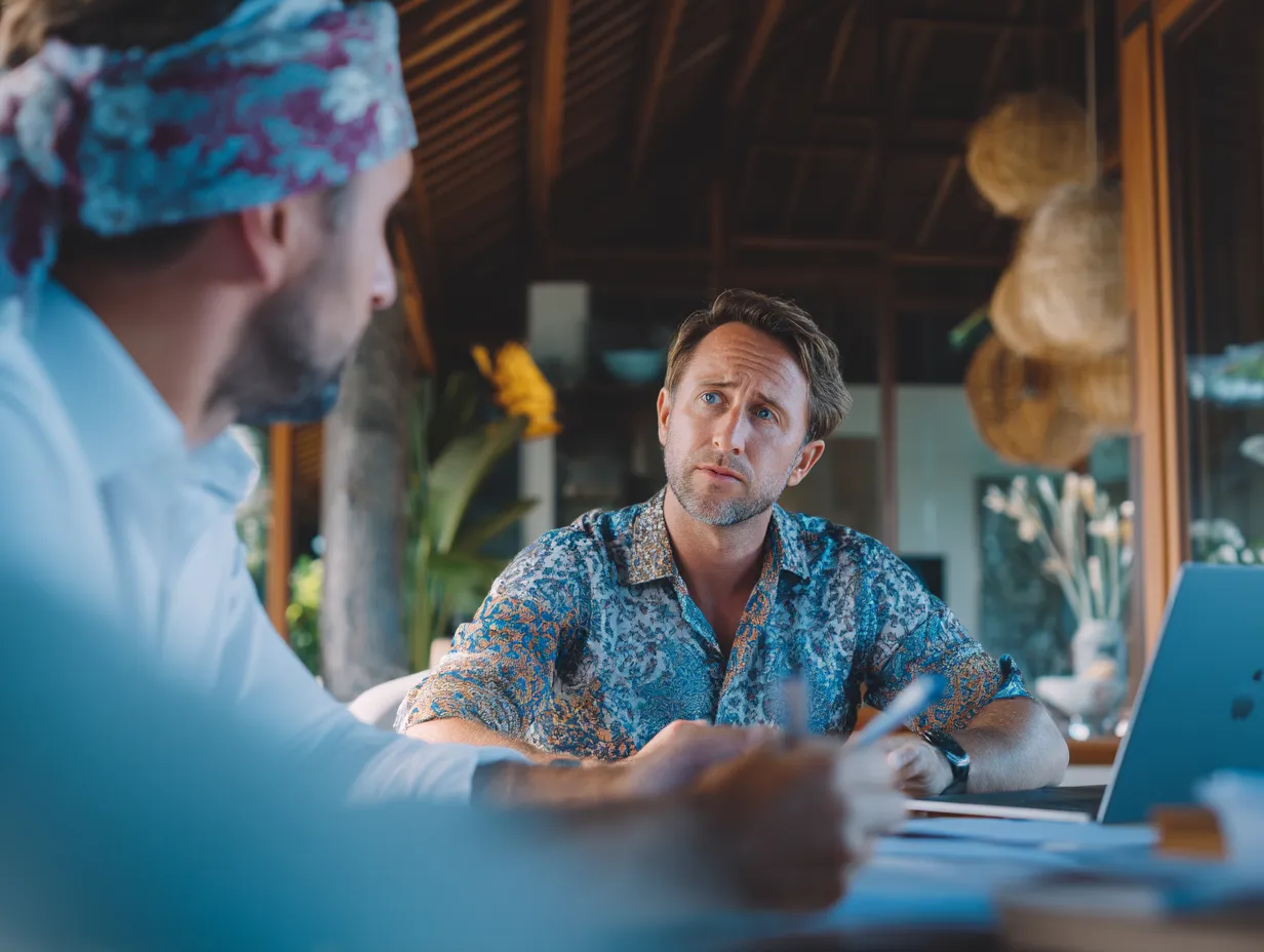 Foreign entrepreneur using a virtual office service in Bali for PT PMA registration, managing legal documents, tax setup, and OSS compliance.
