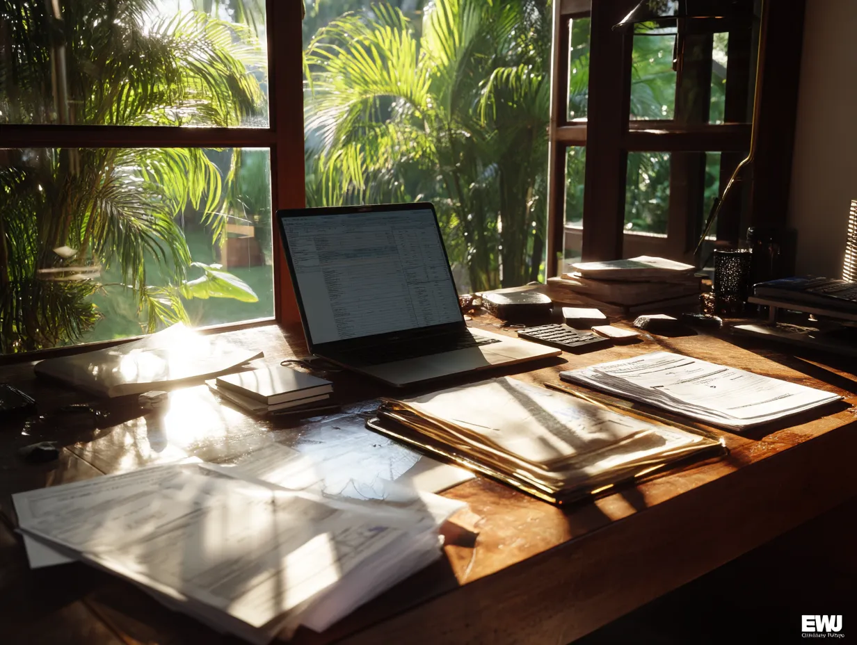 Laptop and tax documents on a wooden desk with tropical sunlight in Bali, showing financial work and reporting tasks
