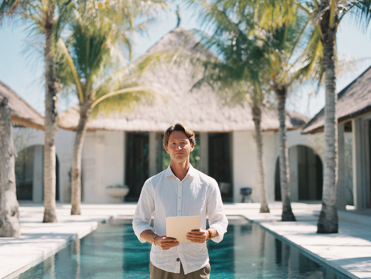 Canadian expat in Canggu running a surf camp, reviewing PT PMA accounting reports with an accountant to successfully renew his Investor KITAS in Bali